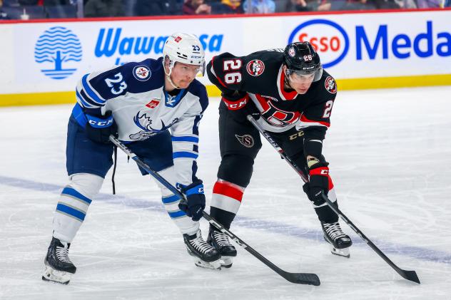 Belleville Senators centre Brennan Saulnier (right) vs. the Manitoba Moose