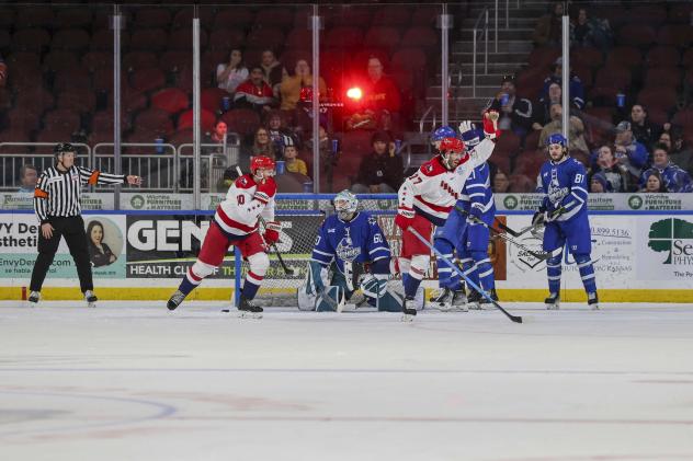 Allen Americans react after a goal against the Wichita Thunder