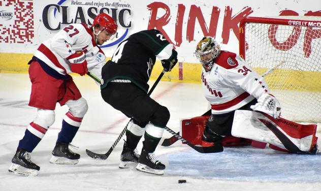 Allen Americans defenseman Justin Allen and goaltender Leevi Merilainen vs. the Utah Grizzlies