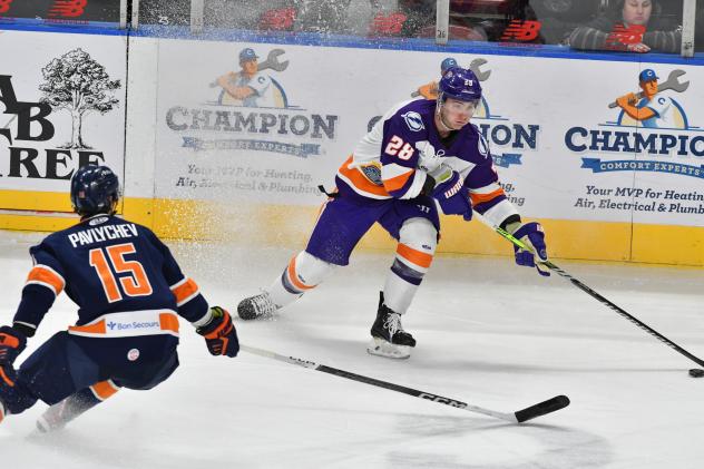Greenville Swamp Rabbits' Nikita Pavlychev and Orlando Solar Bears' Alexander Frye on game night