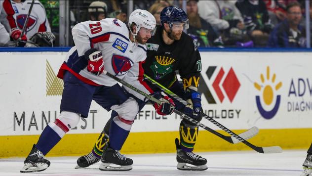 South Carolina Stingrays' Tyson Empey and Jacksonville Icemen's Connor Russell in action