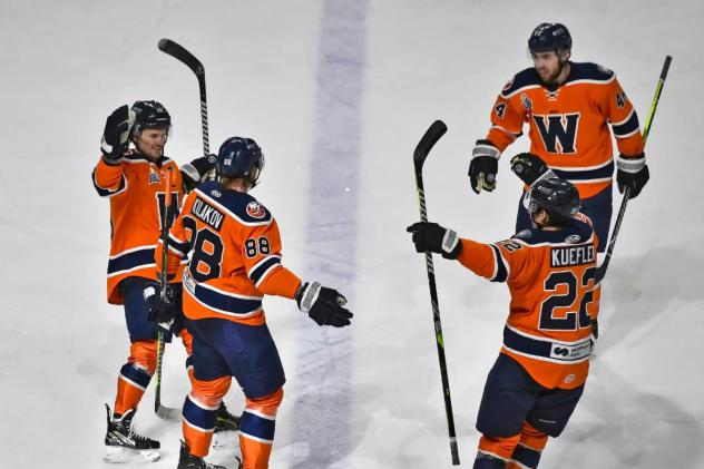 Worcester Railers' Artyom Kulakov, Daylan Kuefler, and Anthony Callin on game night