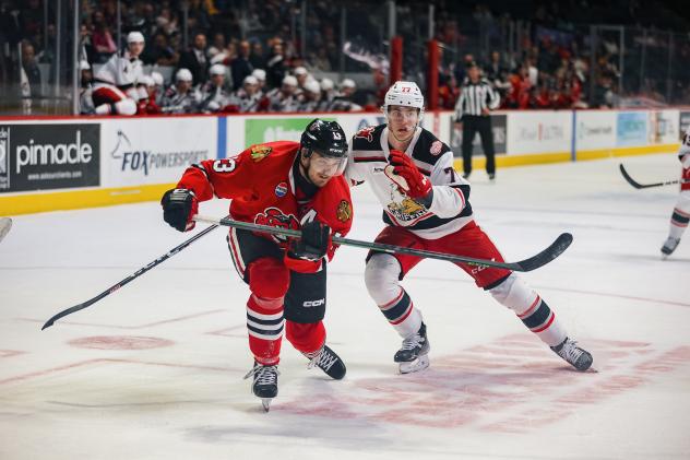 Rockford IceHogs' Brandon Baddock and Grand Rapids Griffins' Simon Edvinsson in action