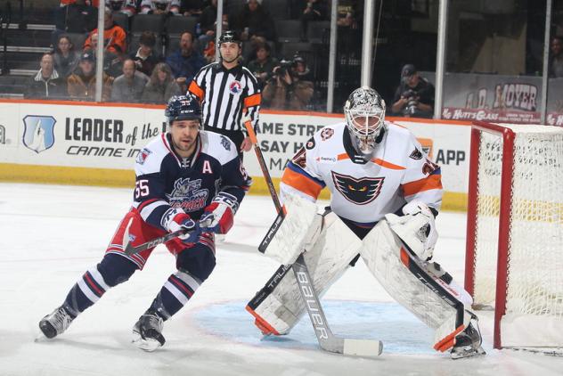 Hartford Wolf Pack's Alex Belzile and Lehigh Valley Phantoms' Felix Sandstrom in action
