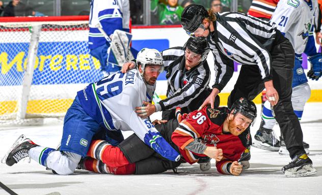 Abbotsford Canucks' Nick Cicek and Tucson Roadrunners' Hunter Drew on the ice