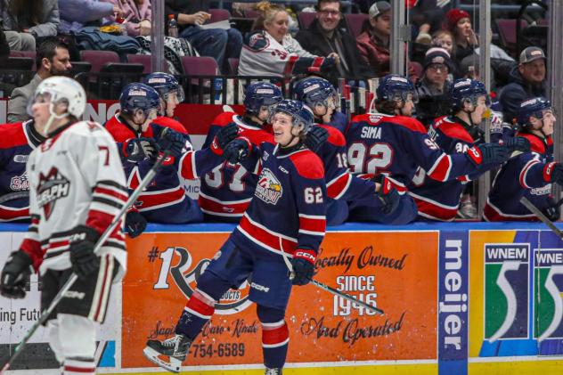 Saginaw Spirit's Owen Beck congratulated by team