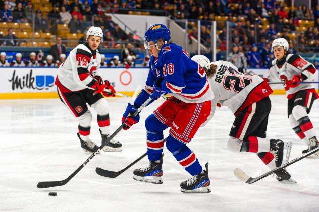 Kitchener Rangers right wing Filip Mešár handles the puck