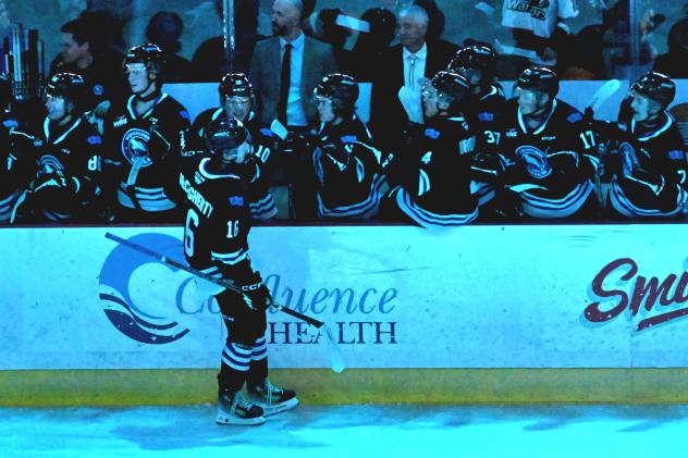 Wenatchee Wild's Maddix McCagherty congratulated by team