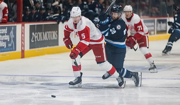 Grand Rapids Griffins defender Eemil Viro eyes the puck