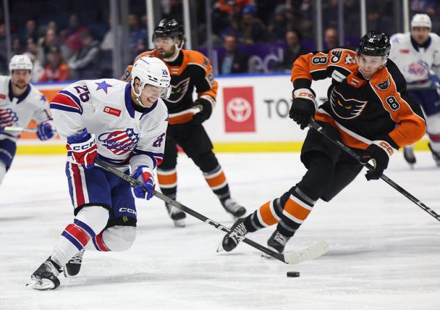 Rochester Americans' Mason Jobst and Lehigh Valley Phantoms' Mason Millman in action