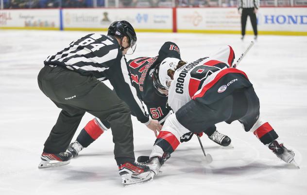 Belleville Senators' Angus Crookshank versus the Utica Comets' Kyle Criscuolo