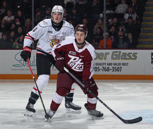 Owen Sound Attack's Konnor Smith and Peterborough Petes' Quinton Page on game night