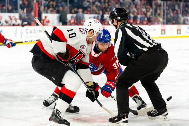 Belleville Senators' Zack Ostapchuk versus Lava Rocket's Brandon Gignac