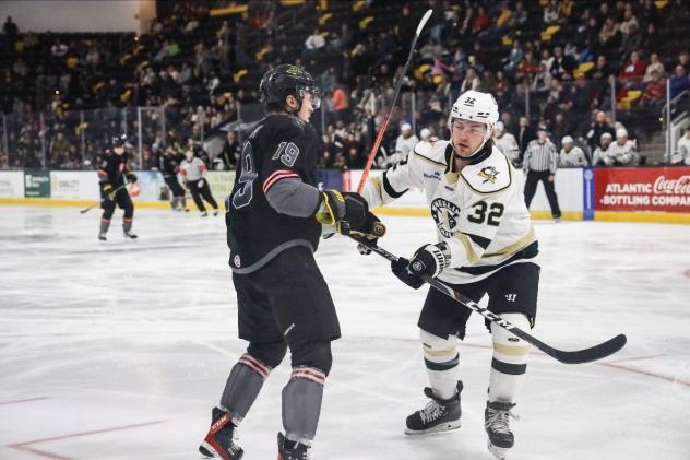 Iowa Heartlanders' Adam Goodsir battkes Wheeling Nailers' Justin Lee
