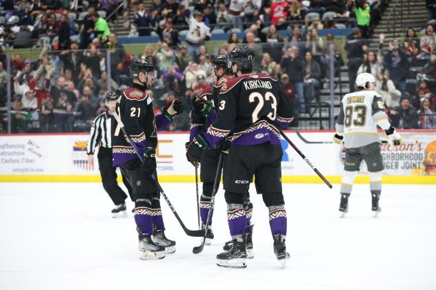 Tucson Roadrunners' Milos Kelemen, Austin Poganski and Justin Kirkland on game night