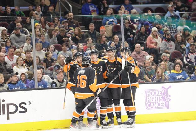 Lehigh Valley Phantoms gather following a goal