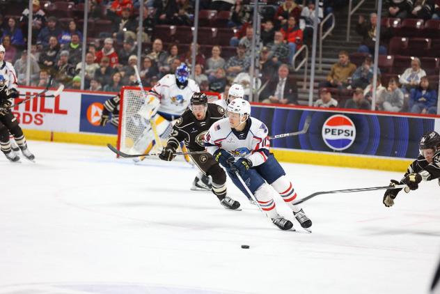 Springfield Thunderbirds chase down the puck against the Hershey Bears