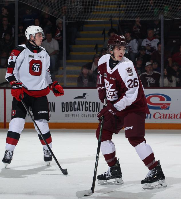 Ottawa 67's' Derek Smyth and Peterborough Petes' Jax Dubois on game night