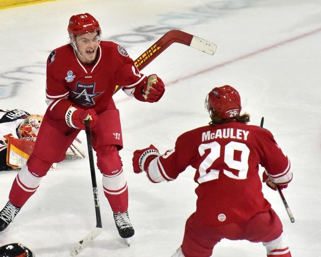 Allen Americans forwards Blake Murray and Colby McAuley celebrate a goal