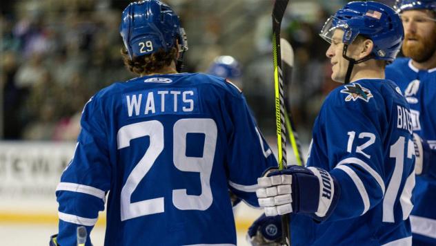 Wichita Thunder forwards Brayden Watts and Peter Bates