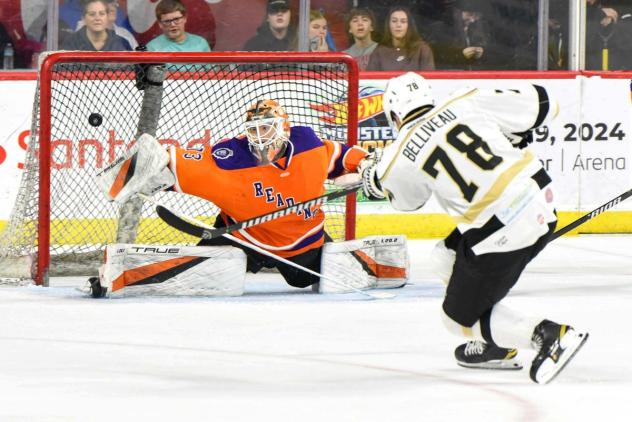 Reading Royals' Nolan Maier versus Wheeling Nailers' Isaac Belliveau