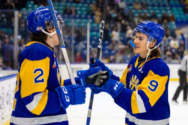 Saskatoon Blades' Ben Saunderson and Rhett Melnyk on game night