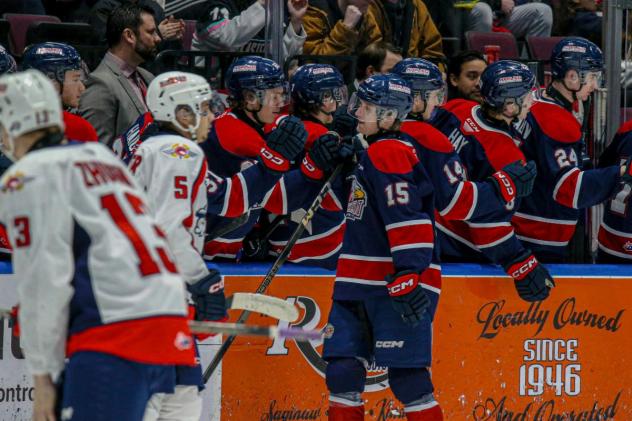 Saginaw Spirit exchange congratulations along the bench