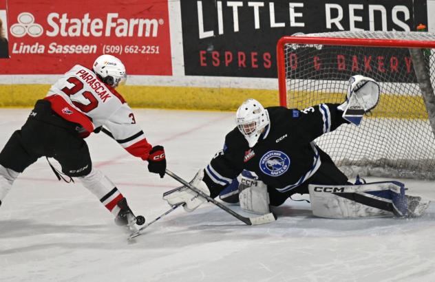 Prince George Cougars' Terik Parascak versus Wenatchee Wild's Brendan Gee