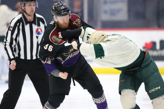 Tucson Roadrunners right wing Hunter Drew exchanges punches