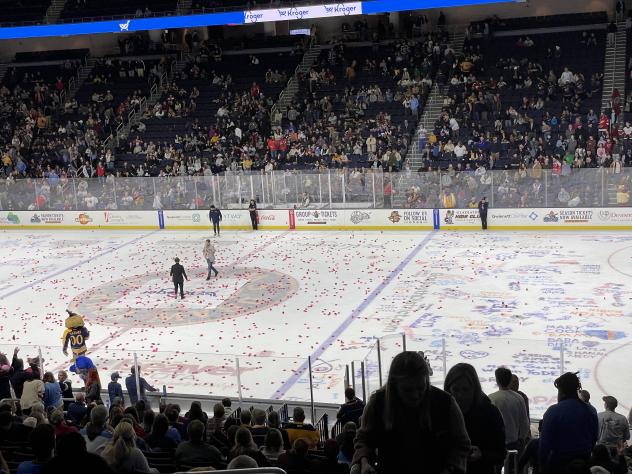 The ice is littered duing chuck-a-puck at an Atlanta Gladiators game