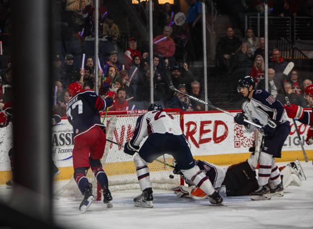 Grant Hebert of the Allen Americans scores against the Tulsa Oilers