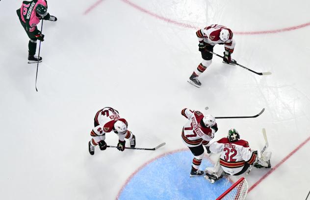 Tucson Roadrunners' Patrik Koch, Victor Soderstrom, Dylan Wells, and Travis Barron on the ice
