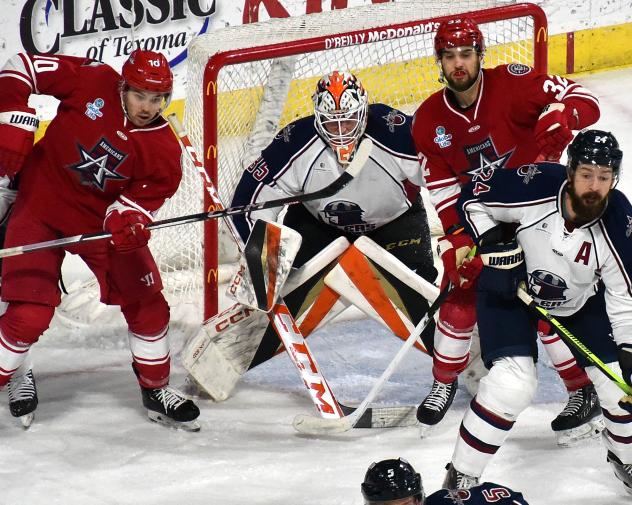 Allen Americans forwards Mikael Robidoux and Bennett MacArthur