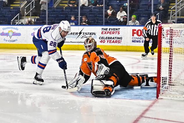 Lehigh Valley Phantoms goaltender Parker Gahagen makes a stop
