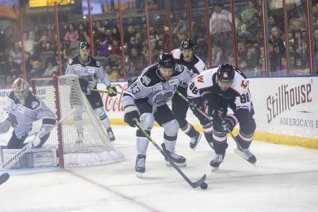 Rapid City Rush and Idaho Steelheads battle for the puck