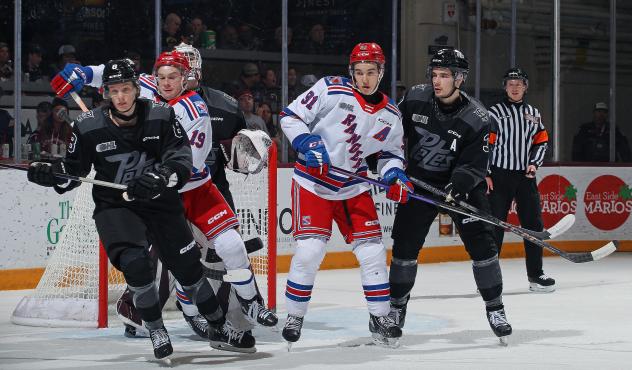 Peterborough Petes defend the goal against the Kitchener Rangers