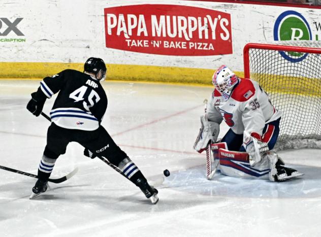 Wenatchee Wild's Steven Arp versus Spokane Chiefs' Dawson Cowan