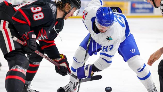 Wichita Thunder forward Jake Wahlin (right) in a faceoff