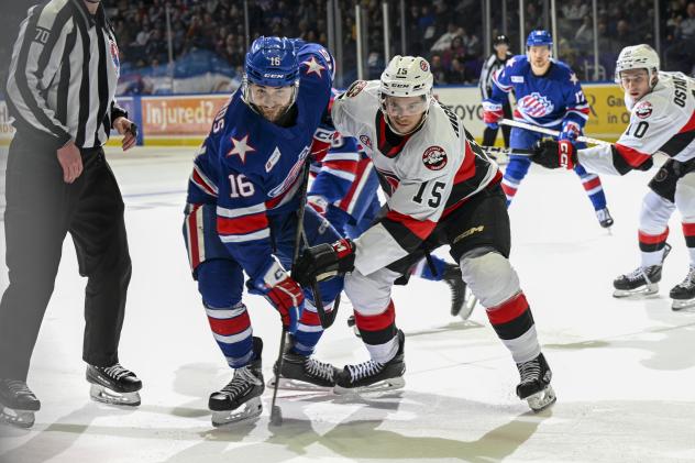 Rochester Americans' Justin Richards and Belleville Senators' Matthew Highmore in action