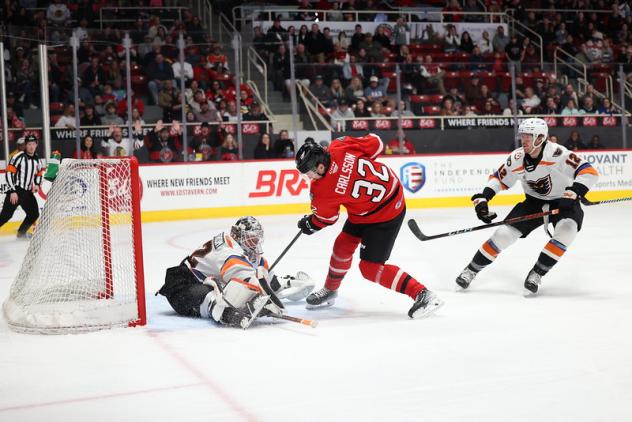 Lehigh Valley Phantoms goaltender Felix Sandström smothers a shot by the Charlotte Checkers