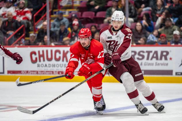 Sault Ste. Marie Greyhounds' Julian Fantino and Peterborough Petes' Nathan Leek in action
