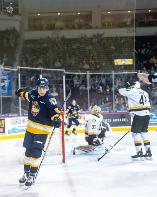 Erie Otters react after a goal against the Kingston Frontenacs
