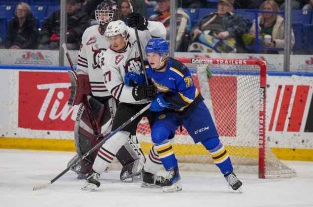 Red Deer Rebels' Mats Lindgren versus Saskatoon Blades' William James