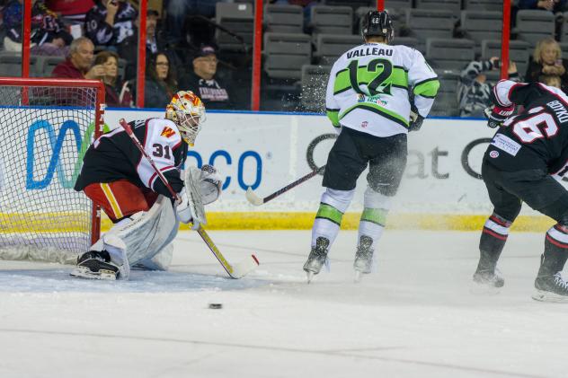 Rapid City Rush's Matt Radomsky and Simon Boyko and Savannah Ghost Pirates' Nolan Valleau in action
