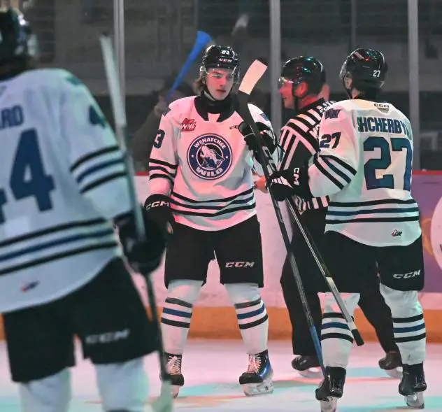 Wenatchee Wild's Rodzers Bukarts and Luka Shcherbyna on game night
