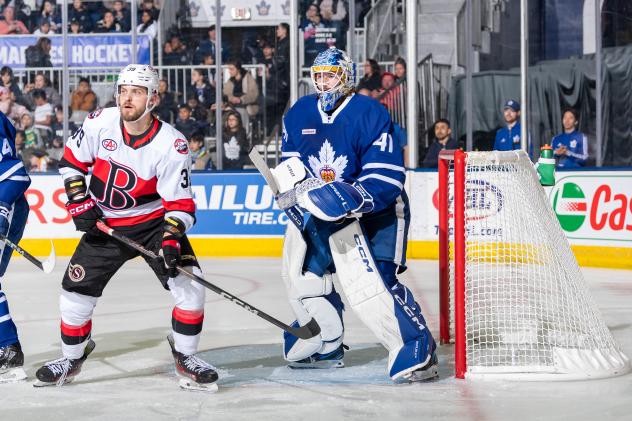 Belleville Senators left wing Jiri Smejkal in front of the Toronto Marlies goal