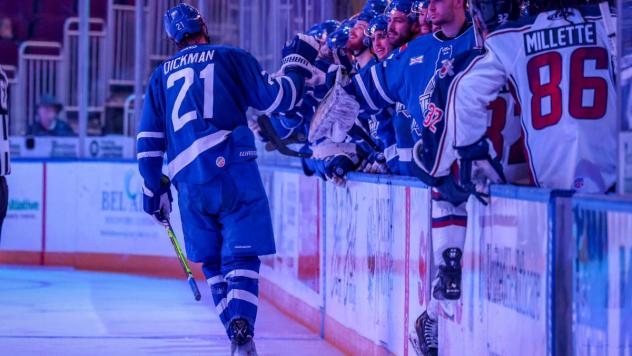 Wichita Thunder's Jay Dickman congratulated by team