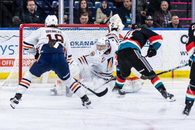 Kelowna Rockets take a shot against the Kamloops Blazers