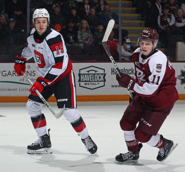 Ottawa 67's' Samuel Mayer and Peterborough Petes' Brody Partridge on game night