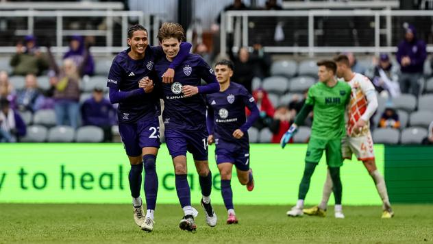 Louisville City FC teammates congratulate Wilson Harris after a goal
